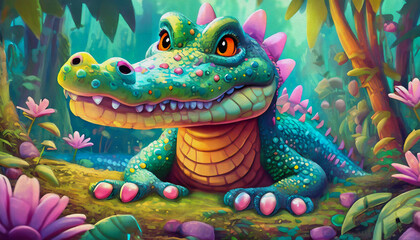 Wall Mural - oil painting style cartoon character  illustration alligator on the ground