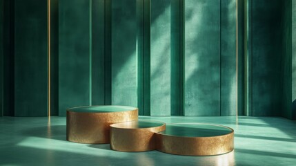 Fototapete - A striking interior showcases geometric furniture pieces with a gold finish, complemented by rich green textured walls.