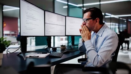 Wall Mural - unhappy sad developer programmer man in stress coding software