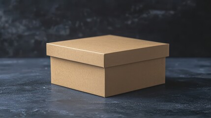 A simple brown cardboard box with a lid, placed on a dark textured surface.