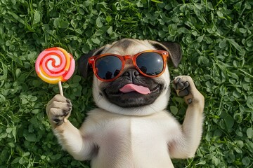 Wall Mural - Cute pug dog with sweet lollipop lying on green grass