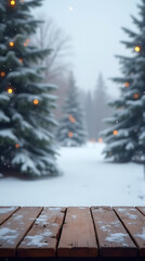 Wall Mural - christmas scene features snowy winter landscape wooden table foreground serene peaceful atmosphere