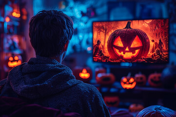 Wall Mural - A classic horror movie marathon being watched by a group of friends on Halloween night. Concept of entertainment.