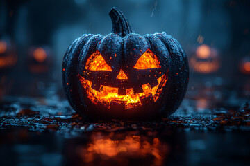 Canvas Print - a carved jack-o-lantern glowing in the dark, showcasing classic halloween symbols. concept of creati