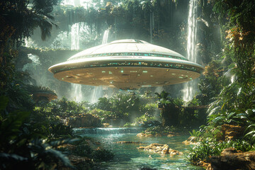 Wall Mural - an alien spaceship landing in a lush jungle, symbolizing the diversity of planets in alien civilizat