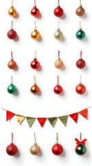 Wall Mural - colorful christmas decorations arranged rows isolated balls banners ornaments white background