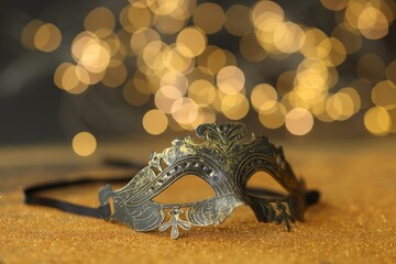 Sticker - Beautiful carnival mask on golden shiny surface against blurred lights, closeup