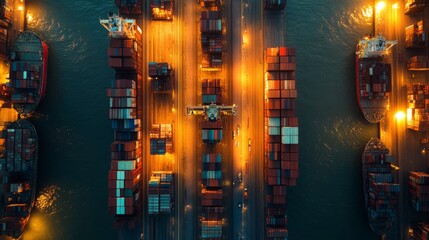Aufkleber - Numerous container ships are docked at a bustling port during twilight, surrounded by stacked cargo containers under warm lighting, creating a vibrant atmosphere.