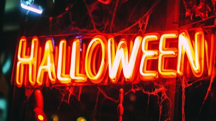 bright neon lights spelling Halloween, banner with copy space