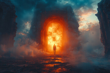Wall Mural - a traveler stepping through a portal and arriving in a world where everything is the opposite, repre