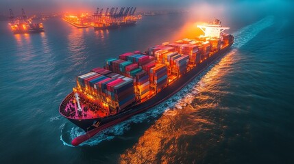 Aufkleber - A large container ship moves through a harbor at twilight, lit by vibrant port lights. Cranes and other vessels create a busy maritime atmosphere.