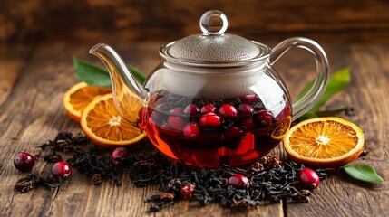 Glass teapot with loose-leaf black tea and fresh cranberries, isolated against a rustic wooden backdrop with decorative dried orange slices