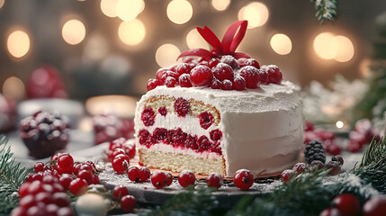 Sticker - A white cake with red frosting and berries on top. The cake is decorated with a red ribbon and is surrounded by pine needles and berries