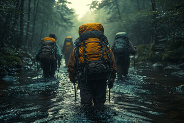 A stock image of a group of hikers trekking through a forest, representing adventure and exploration. Concept of lifestyle.