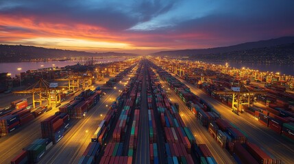 Aufkleber - At twilight, a busy container port showcases rows of stacked cargo containers, cranes operating, and vibrant skies filled with sunset colors. This vibrant scene reflects the hub of shipping activity.
