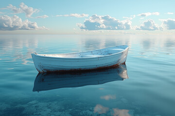 Wall Mural - a small boat floating on a still lake, symbolizing peace and solitude. concept of minimalism.