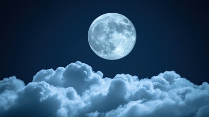 Wall Mural - a large bright full moon radiating light in the night sky. earth's natural satellite and clouds. ill