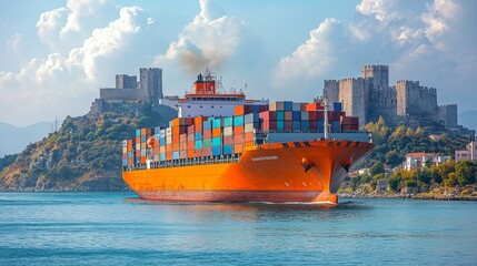 Aufkleber - The cargo ship, adorned with colorful containers, sails through calm waters, surrounded by ancient castles on a sunny day, highlighting maritime trade.