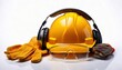 © blackdiamond67 - Yellow hard hat, headphones, safety glasses and gloves displayed on white background