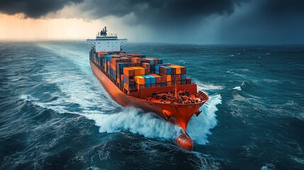 Aufkleber - A large cargo ship battles turbulent waters, riding strong waves as dark clouds loom overhead. The sunset highlights the colorful containers stacked on deck.