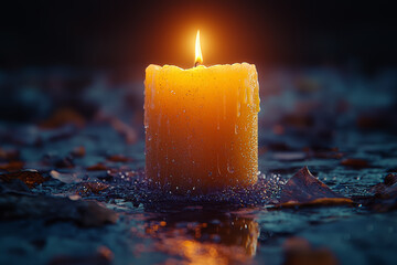 Wall Mural - a single candle burning in the dark, symbolizing hope and resilience. concept of minimalism.