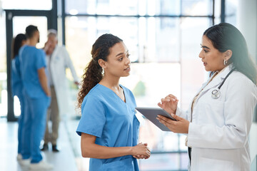 Poster - Women, doctor and tablet with discussion in hospital for healthcare schedule, planning surgery and feedback. People, teamwork and digital research for medical advice, checklist and report information