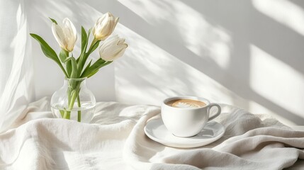 Breakfast ambiance in a Scandinavian-style home: Coffee and flowers add warmth