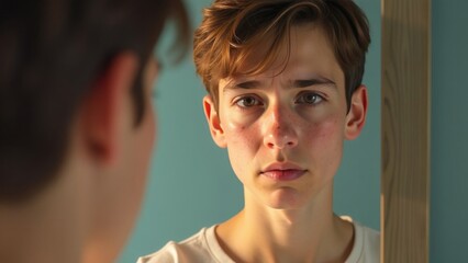 Wall Mural - A teenager of 12-14 years old looks in the mirror at a face with pimples and acne, upset. Transitional age, teenage problems