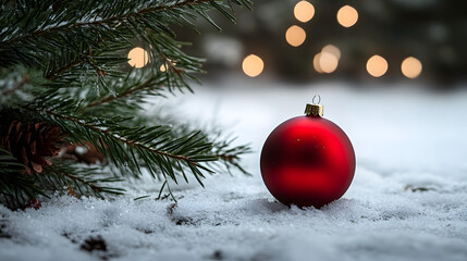 Canvas Print - A red ornament is sitting on a snowy ground next to a pine tree. The scene is festive and cozy, with the red ornament adding a pop of color to the winter landscape