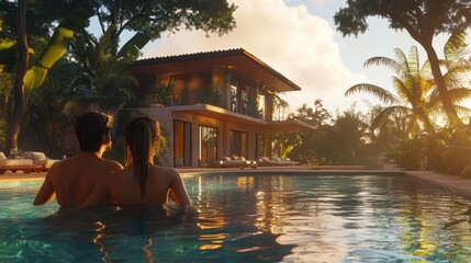 Couple of lovers in a beautiful villa with swimming pool in a tropical climate location. Happy people on a summer vacation influencers enjoying a luxury resort : Generative AI