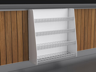 Sticker - Supermarket wall display stand with wire mesh shelves against a wooden wall. 3d illustration