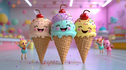 Wall Mural - Three cute ice cream cones with happy faces, in a pink and pastel room.