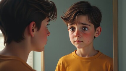 Wall Mural - A teenager of 12-14 years old looks in the mirror at a face with pimples and acne, upset. Transitional age, teenage problems