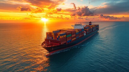 Aufkleber - A large container ship sails smoothly across tranquil waters, illuminated by the warm hues of a stunning sunset. The sky is filled with clouds reflecting shades of orange and pink.