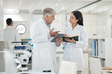Aufkleber - Scientist, people and writing in notebook in lab of disease experiment, medical study and dna process. Researcher, team and molecule research with engineering, vaccine results and healthcare solution