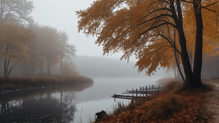 Wall Mural - Lake fog sunrise with Autumn foliage and forest