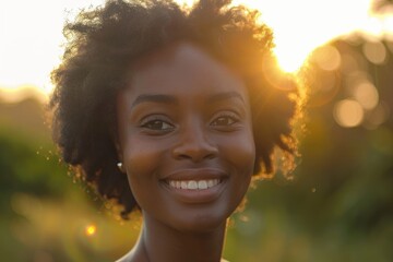 Close up portrait of a beautiful african american woman smiling with sunset