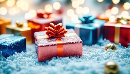 Colorful gift boxes with ribbons on white background