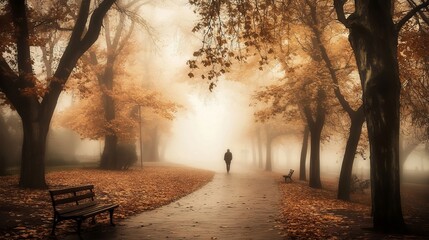a foggy autumn scene captures a park alley with an unidentified passerby, the dense fog enhancing th
