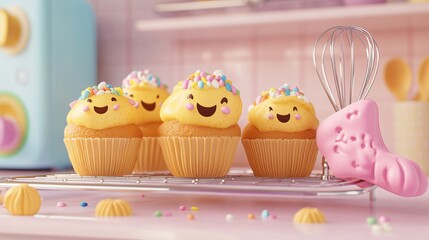 Wall Mural - Three yellow cupcakes with smiling faces, topped with colorful sprinkles,  sitting on a wire rack with a pink whisk and a pink silicone baking tool.