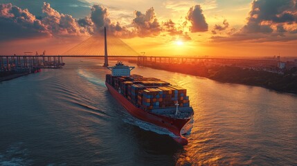 Aufkleber - A cargo ship sails along the river during sunset, with colorful clouds reflecting on the water. The distant bridge adds to the industrial charm of the landscape.