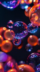 Wall Mural - minimalistic, abstract art of glass spheres melting over black background, color pallete orange and 