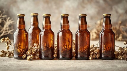   A cluster of beers perched atop a table alongside a bouquet of dried blossoms