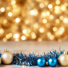 Gold and blue tinsel with baubles on a holiday table, cheerful decor, festive and vibrant