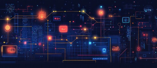 Wall Mural - abstract digital network background with glowing lines and icons.