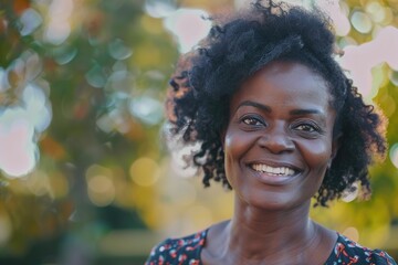 Smiling middle aged African woman outdoors laughing at park.