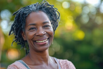 Smiling middle aged African woman outdoors laughing at park.