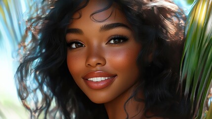 Radiating joy and beauty a closeup portrait showcases a cheerful African American woman with dark skin wavy hair and a captivating face She poses in a tropical villa : Generative AI