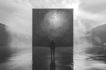 Wall Mural - A lone figure standing in front of a large, empty canvas, representing potential and creativity. Concept of minimalism.