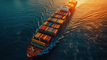 Aufkleber - A large cargo vessel moves smoothly across tranquil waters as the sun sets in the background, illuminating colorful shipping containers on board and creating a serene atmosphere.